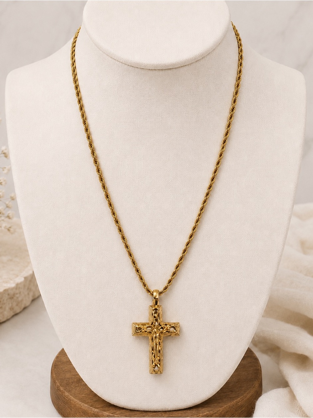 Vintage 14K Gold Crucifix 19” Diamond-Cut Rope Chain 13g Total Weight 1988